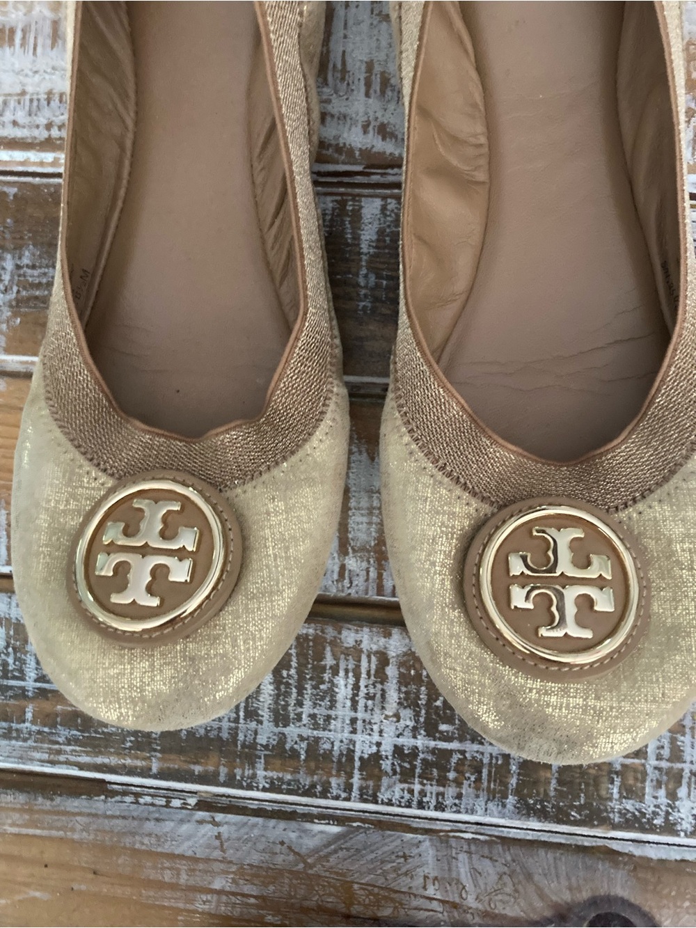 Tory Burch Metallic Gold Logo Ballet Flats